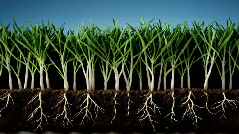 تمثيل مجرد لتحرير الجينوم، خيوط DNA متشابكة وجذور نباتات، ترمز إلى التقدم التكنولوجي في الزراعة